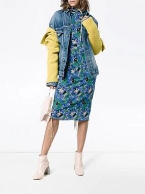 Marni Blue Floral Print Viscose Bodycon Midi Dress IT 40 US 8